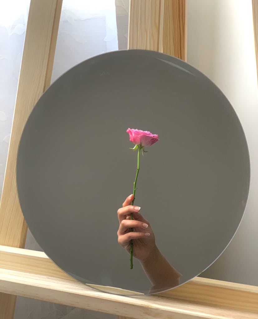 A hand holding a pink rose, reflected in a circular mirror against a wooden backdrop.